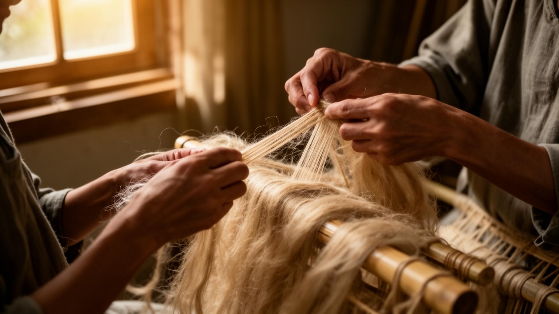 Hands weaving bamboo fiber